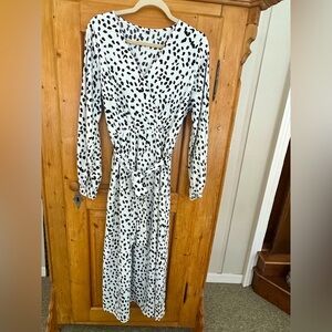 Black & White Dalmatian Spotted V Neck Faux Wrap Dress Lightweight Size Large